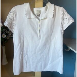 Y2K White Crochet Polo Knit Top L Cottagecore Preppy Coquette Indie Dainty Girly